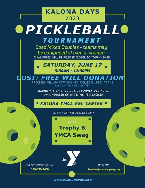 What a fun way to be active in Washington County this weekend! See information below on the Kalona Days pickleball tournament.