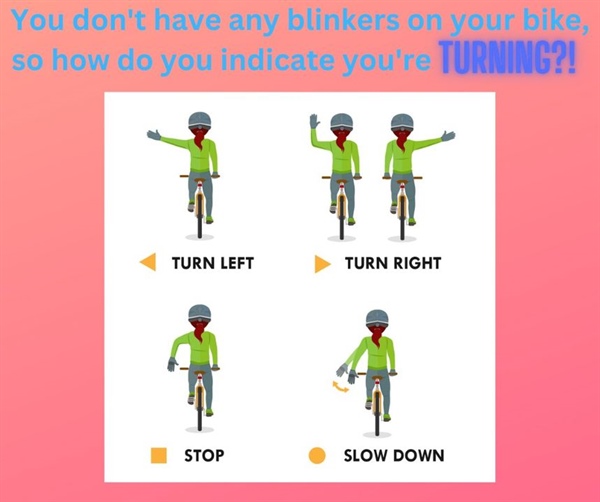 If you see a bicyclist (or motorcycles, mopeds, UTVs) using hand signals, do you know what they mean? If you're riding, do you k...