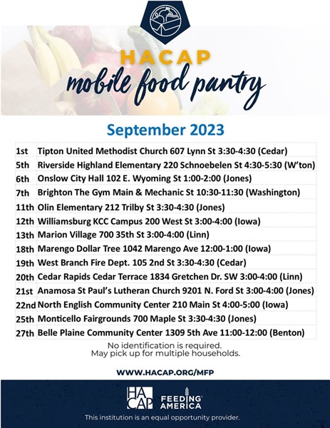 HACAP mobile food pantry will be in Washington County on September 5 and 7.  See the flyer for more details.