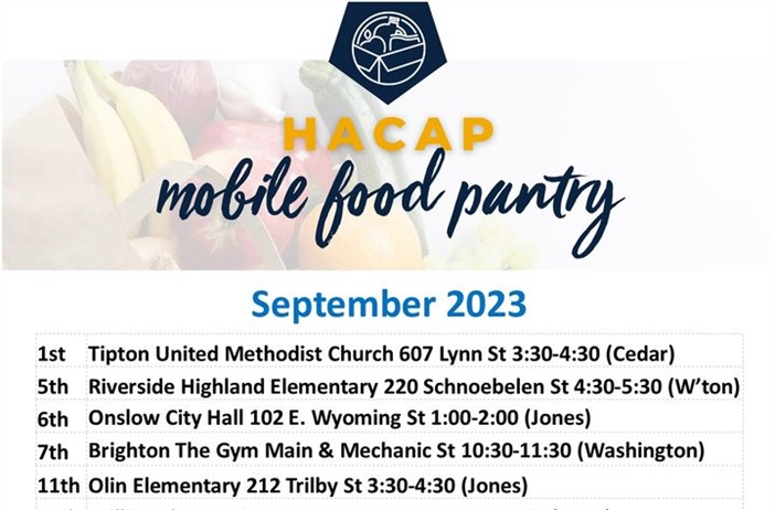 HACAP mobile food pantry will be in Washington County on September 5 and 7.  See the flyer for more details.