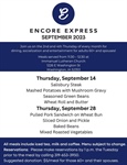 Check the September menu for Encore Express in Washington, and remember to make those reservations! Reservations are due by 1pm ...
