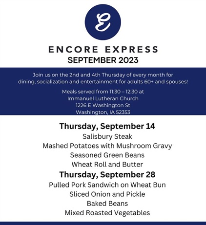 Check the September menu for Encore Express in Washington, and remember to make those reservations! Reservations are due by 1pm ...