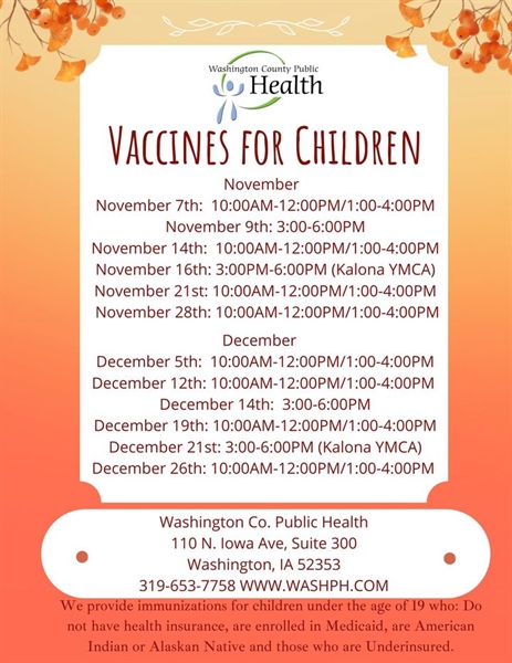 Happy November!  Here is our childhood immunization clinic schedule for November and December.  Call to schedule your appointmen...