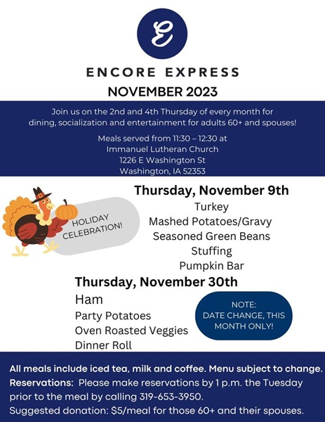 Celebrate Thanksgiving early with us and note a date change due to the holiday at Encore in Washington this month 🦃

Reservation...