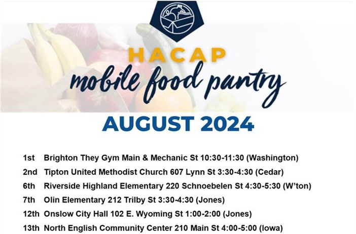 HACAP's Mobile Food Pantry schedule for August 2024: