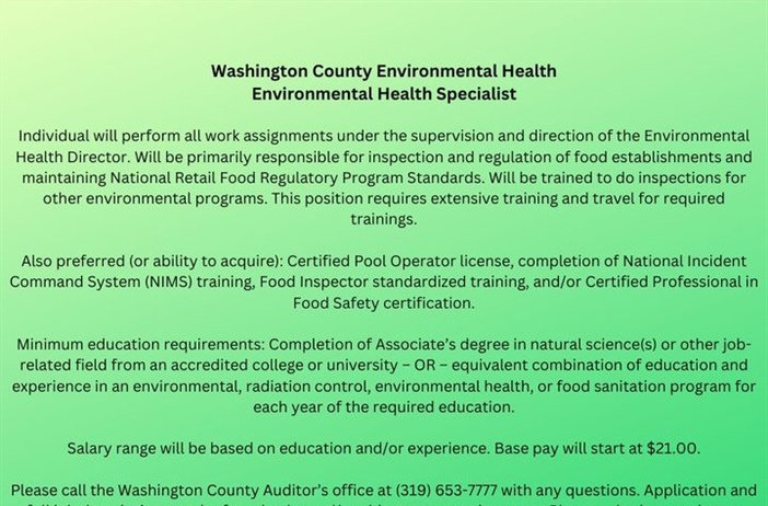 📣Job opening with Washington County Environmental Health as an Environmental Health Specialist!