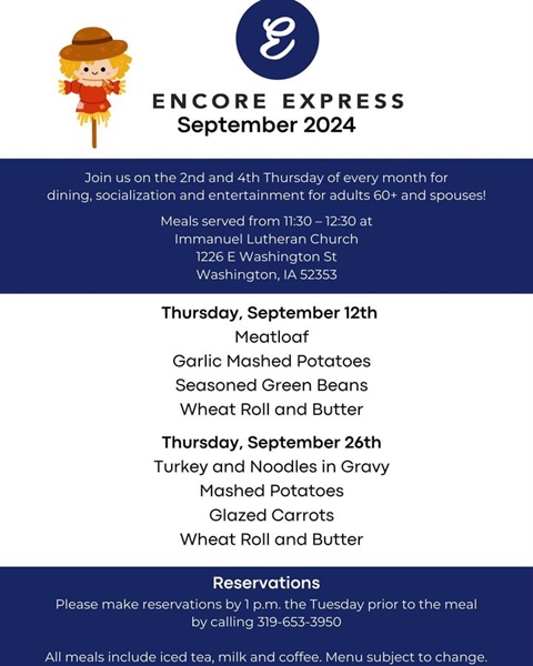 Enjoy a meal, socialization and entertainment at Encore Express on September 12th & 26th!