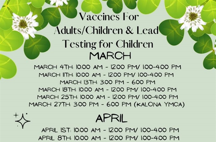 Here is the schedule for March & April for our Vaccines for Children (VFC) program and our NEW Vaccines for Adults (VFA) program...