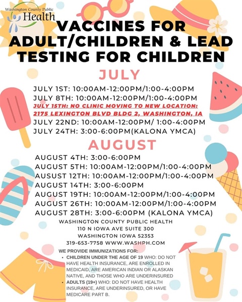 Here is the July/August schedule for our Vaccines for Children (VFC) program and our Vaccines for Adults (VFA) program!