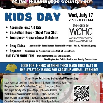 Come out to the Washington County Fair Kids Day TOMORROW, 7/17/2024, from 9:30-11:00 AM!