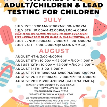 Here is the July/August schedule for our Vaccines for Children (VFC) program and our Vaccines for Adults (VFA) program!